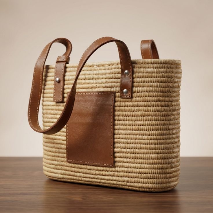 Sac Cabas Marocain Tressé Raphia & Cuir Cognac | Artisanat Fait Main